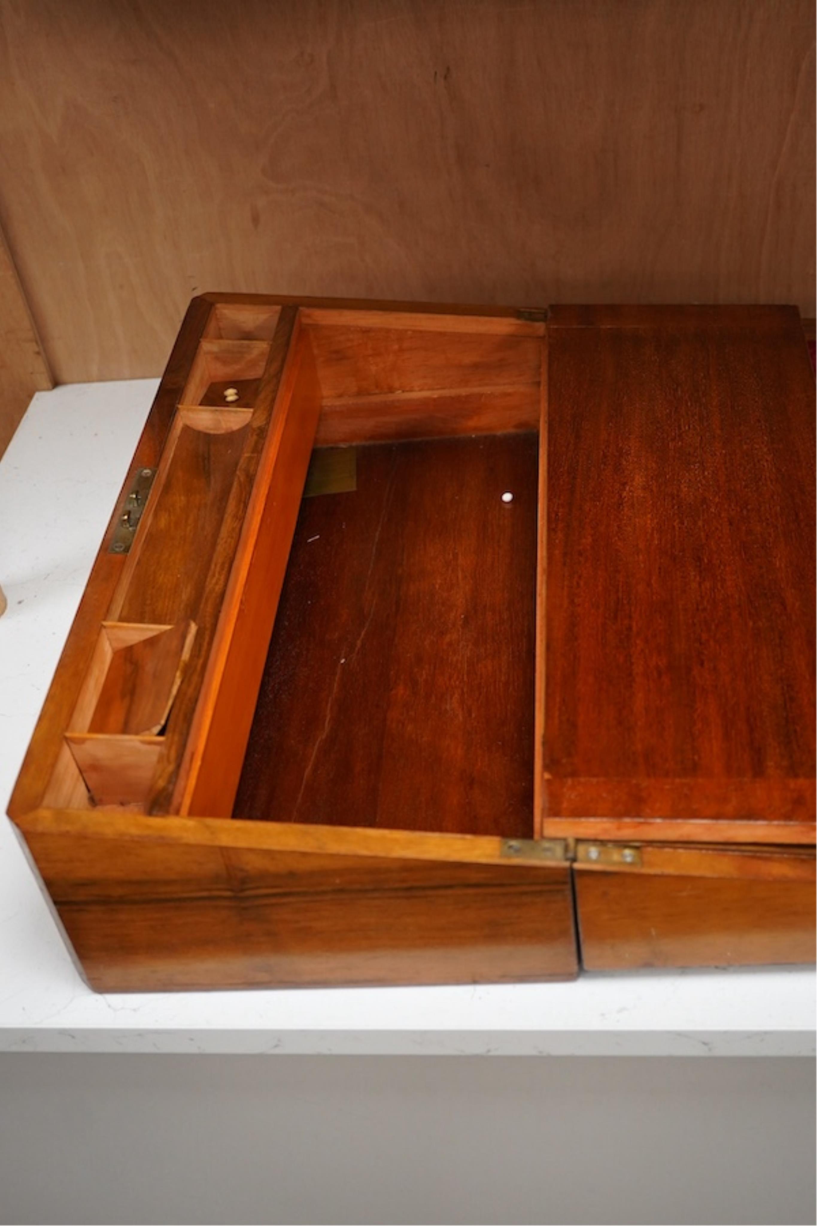 A Victorian inlaid walnut writing slope, 45cm wide x 26cm deep. Condition - brass plaque missing